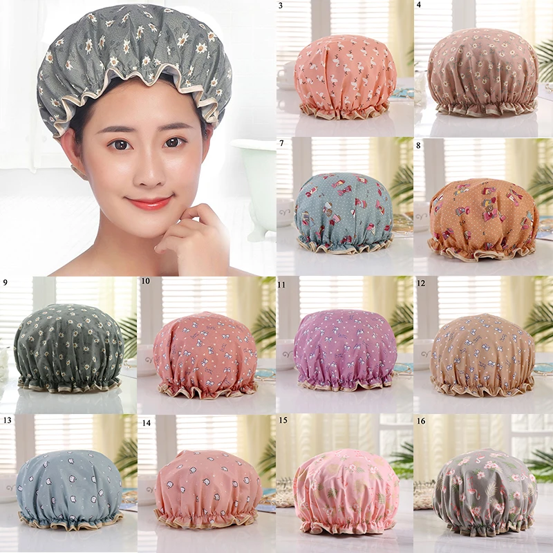 1Pcs Bathing Cap Cartoon Cute Double Layer Waterproof Polyester Cotton Hair Cover Multicolor Shower Hats Bathroom Products