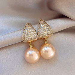 New Korean Fashion Luxury Zircon Droplet Champagne Imitation Pearl Earrings Women's Gift Banquet Jewelry Earrings 2023