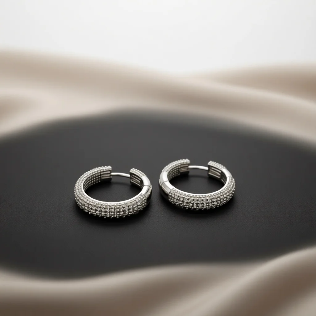 Silver Tone Half‑Pave Zircon Hoop Earrings for Women, Multi‑Row Sparkle & Smooth Plain Two‑Tone Click‑Top Hoops, Daily Fashion