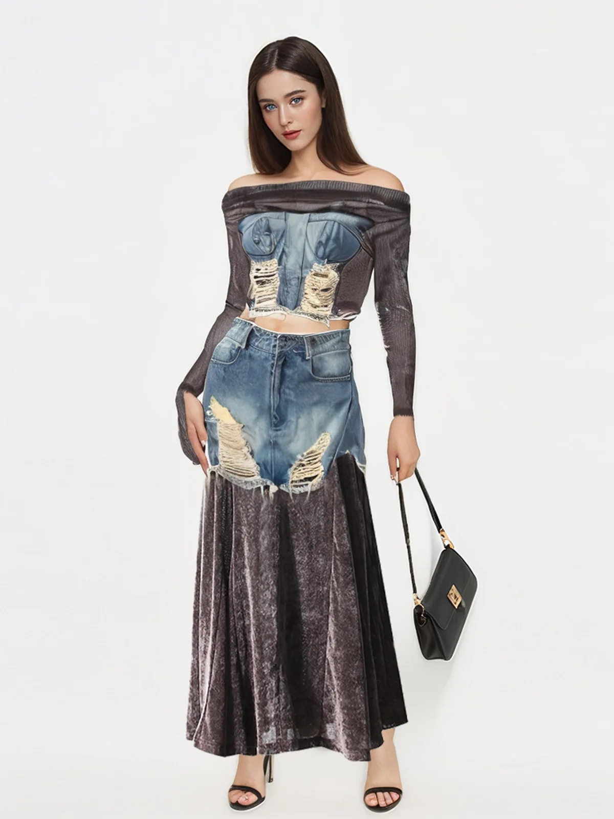 

Vintage Spicy Girl Exposed Navel Top Half Skirt Set for Women Denim Patchwork Worn Out Boat Neck Gold Velvet Long Sleeved