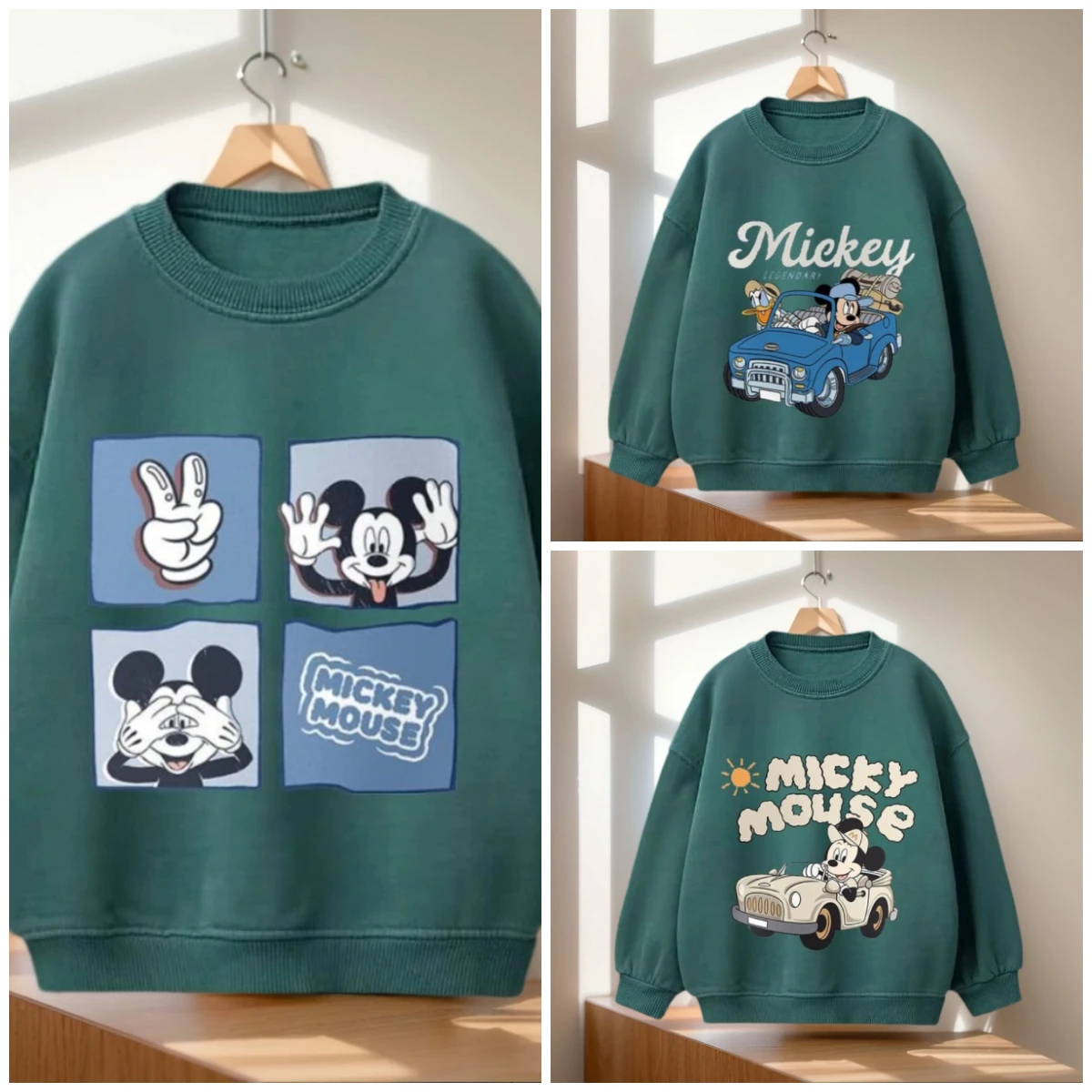 

Коллекция крутых тонированных зеленых свитшотов Disney. Свободный крой. Дизайн. Представление разнообразных сцен Микки из знаков мира.