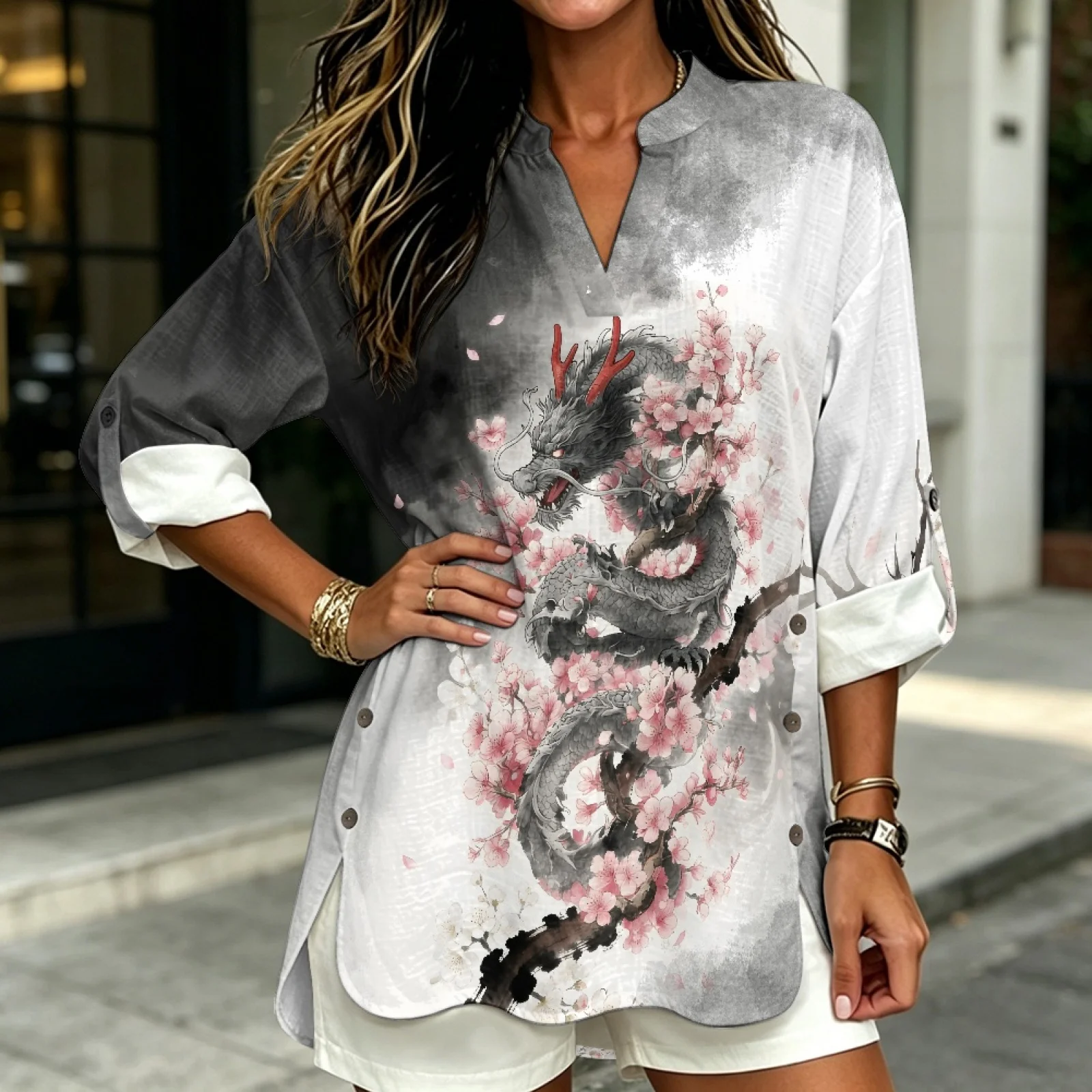 PENSTROLL Comfortable Linen Like V Neck Shirts Roll Up Design Dressy Casual Blouses for Summer Coastal Trips Bamboo Print