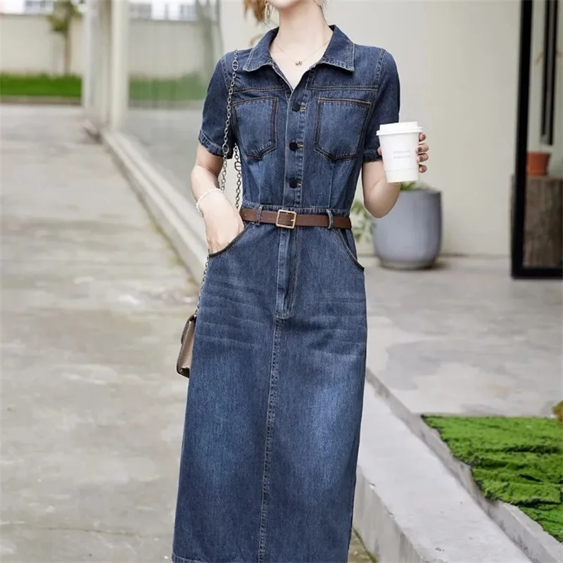 Spring Autumn Fashion Denim Feminine Maxi Dress Korean Leisure Cowboy Ladies Vestidos Advanced Jeans Women Long Dresses     ﻿