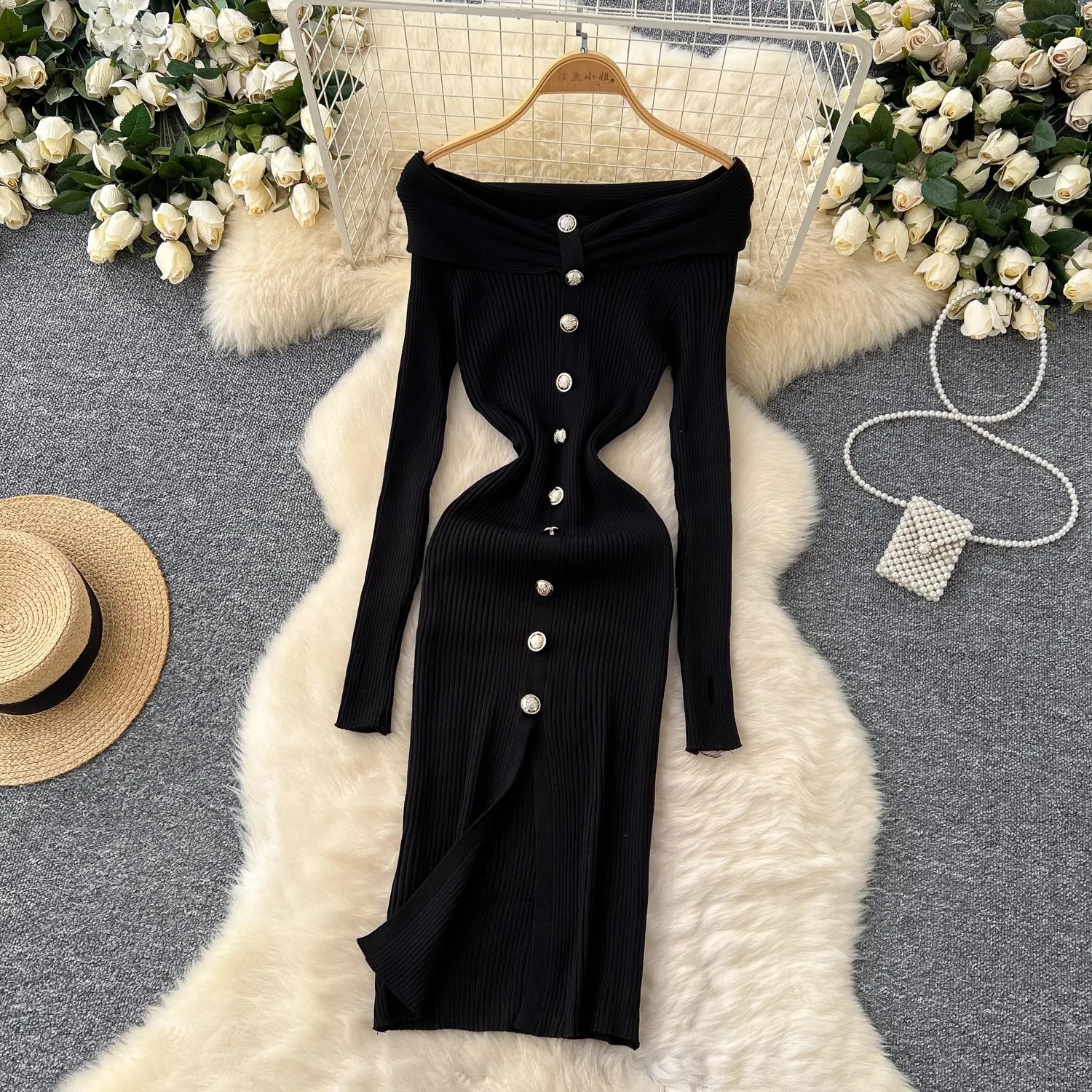 YuooMuoo Women Dress Sexy Off Shoulders Single-breasted Split Bodycon Dress Autumn Fashion Lady Wrap Hips Knitted Party Vestidos