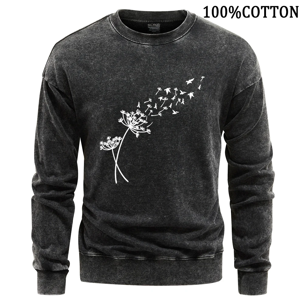 Fluttering Dandelions Men Sweatshirt Vintage Washed Hoodie Men High Quality Cotton Hoody Loose Crew-Neck Sweatshirts Clothing