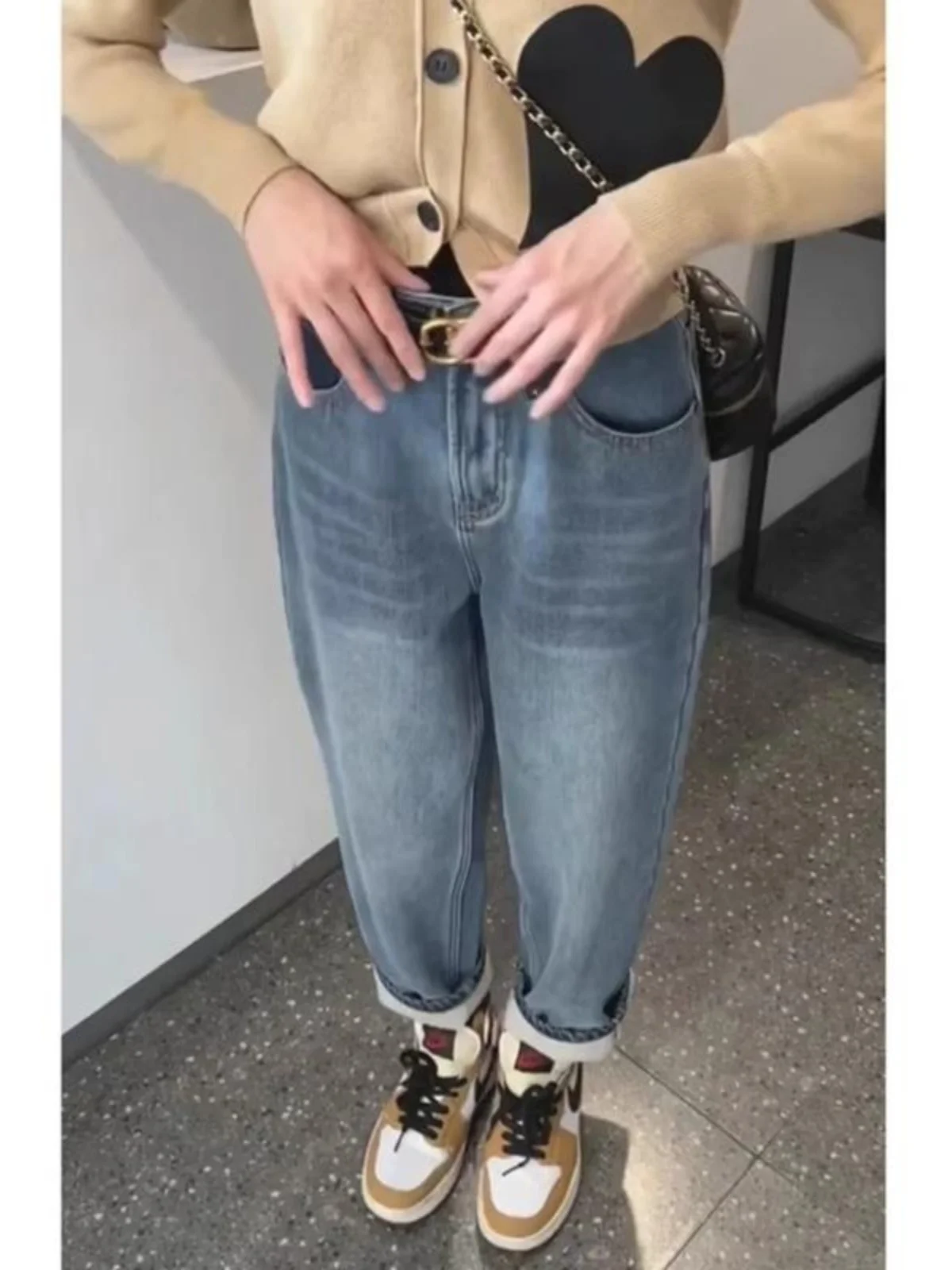 Thiened Fce اصطف هارلان الدينيم الجينز المرأة عالية الخصر فضفاضة تناسب التخسيس أبي الجزرة السراويل موسم الشتاء السراويل الطويلة