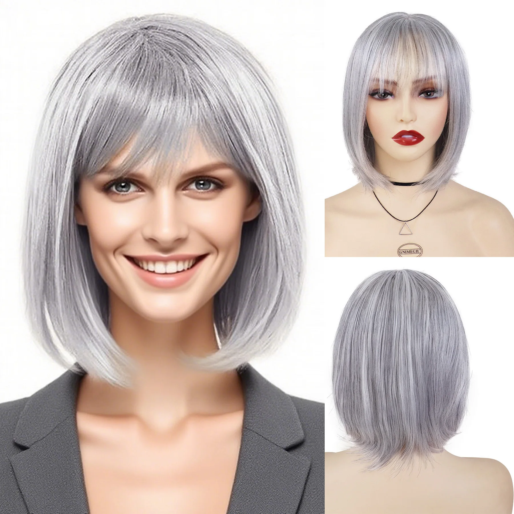 

Bob Wigs Natural Synthetic Hair Short Straight Silver Grey Wig with Bangs for Old Women Grandma Wig Heat Resistant Daily Party