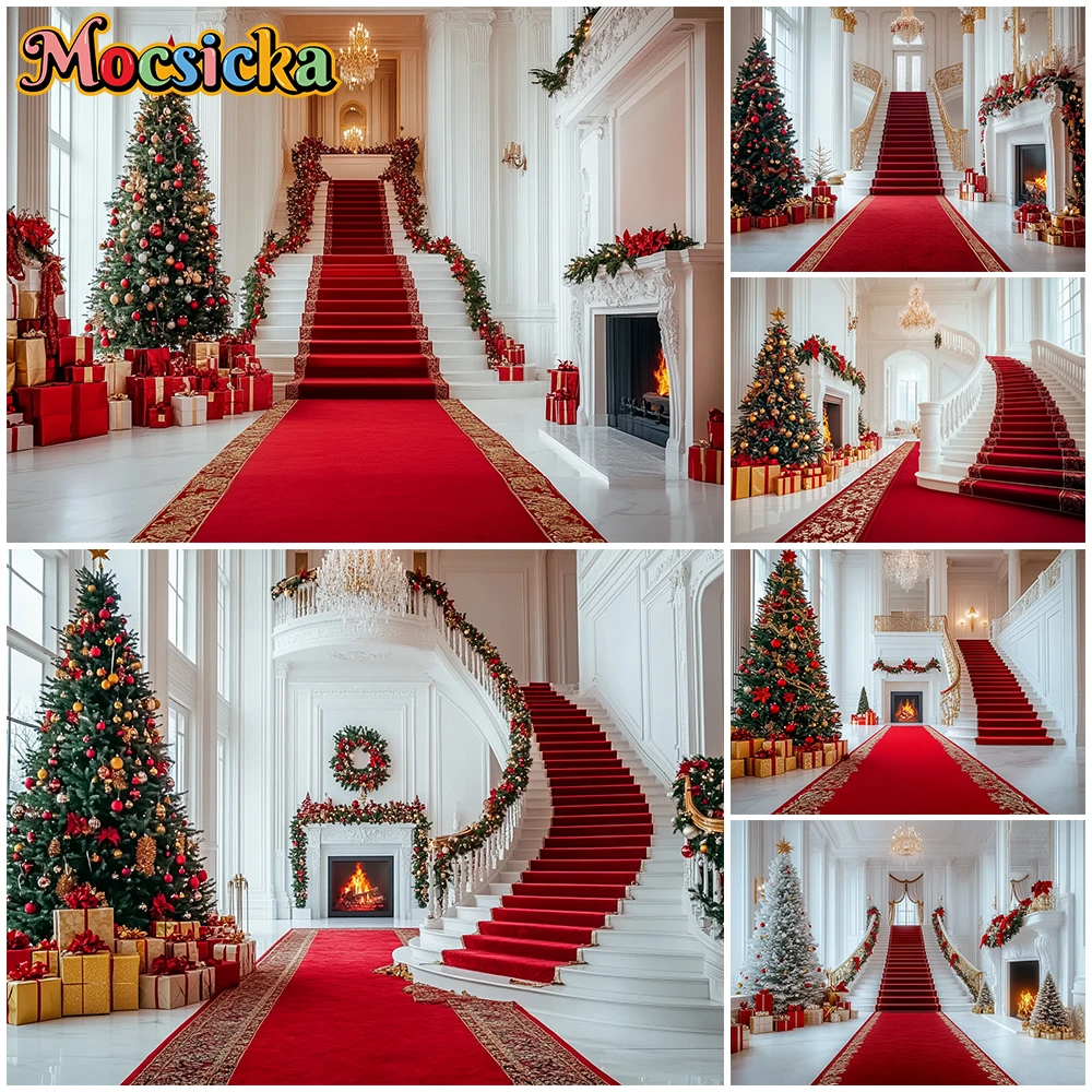 Mocsicka عيد ميلاد سعيد خلفية السنة الجديدة حفلة شجرة قصر الدرج السجادة الحمراء الأبيض الموقد الديكور خلفية المهرجان #1