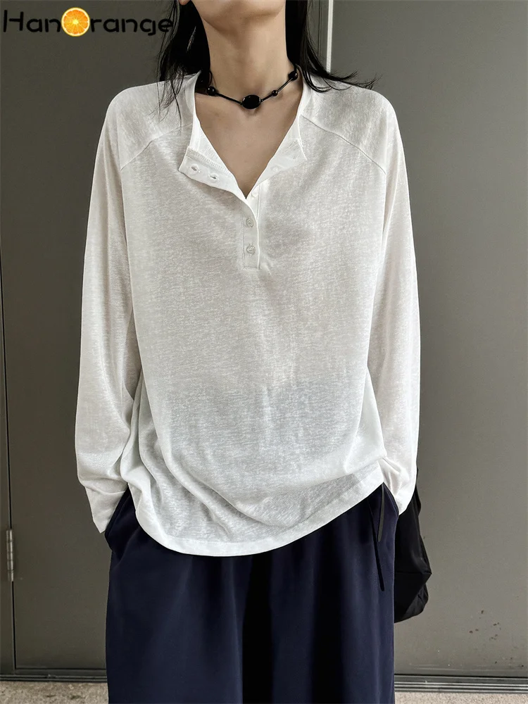 HanOrange 2026 Summer Simple Lazy Henley Collar Button Sunscreen T-shirt Women Lightweight Tees Off White/Light Gray/Navy Blue