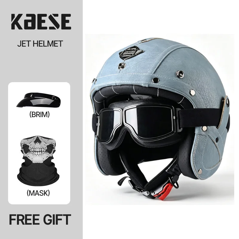 KAESE Adult Trend Blue Unisex Vintage 3/4 Jet Helmet PU Open Face Motorcycle Helmet With Goggles Skeleton Neck Gaiter Brim