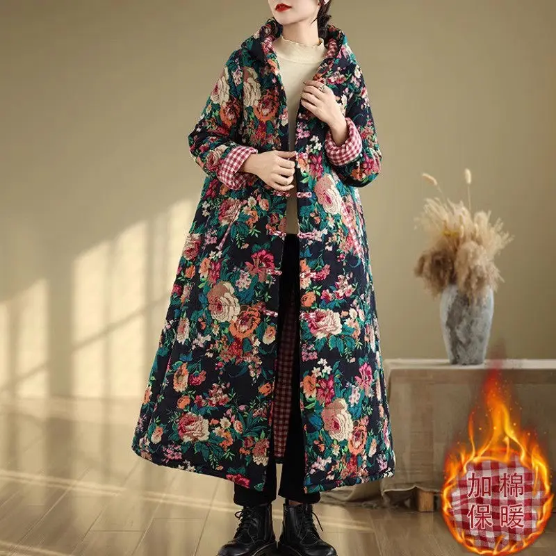 Mom's Winter Clothing 2024 New Ethnic Style Large Size Loose Retro Printed Thick Warm Cotton Jacket Women's Long Coat A253