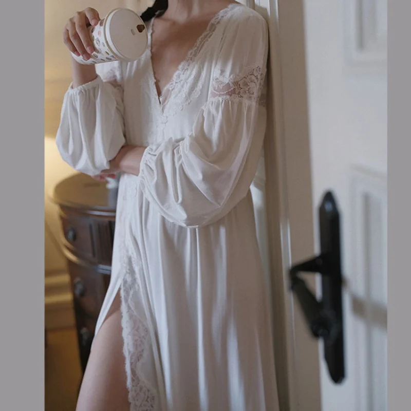 Women Sexy Lace V-Neck Long Ankle-Length Nightdress Spring Summer Full Sleeves Modal Sleepwear Princess White Elegant Nightgowns