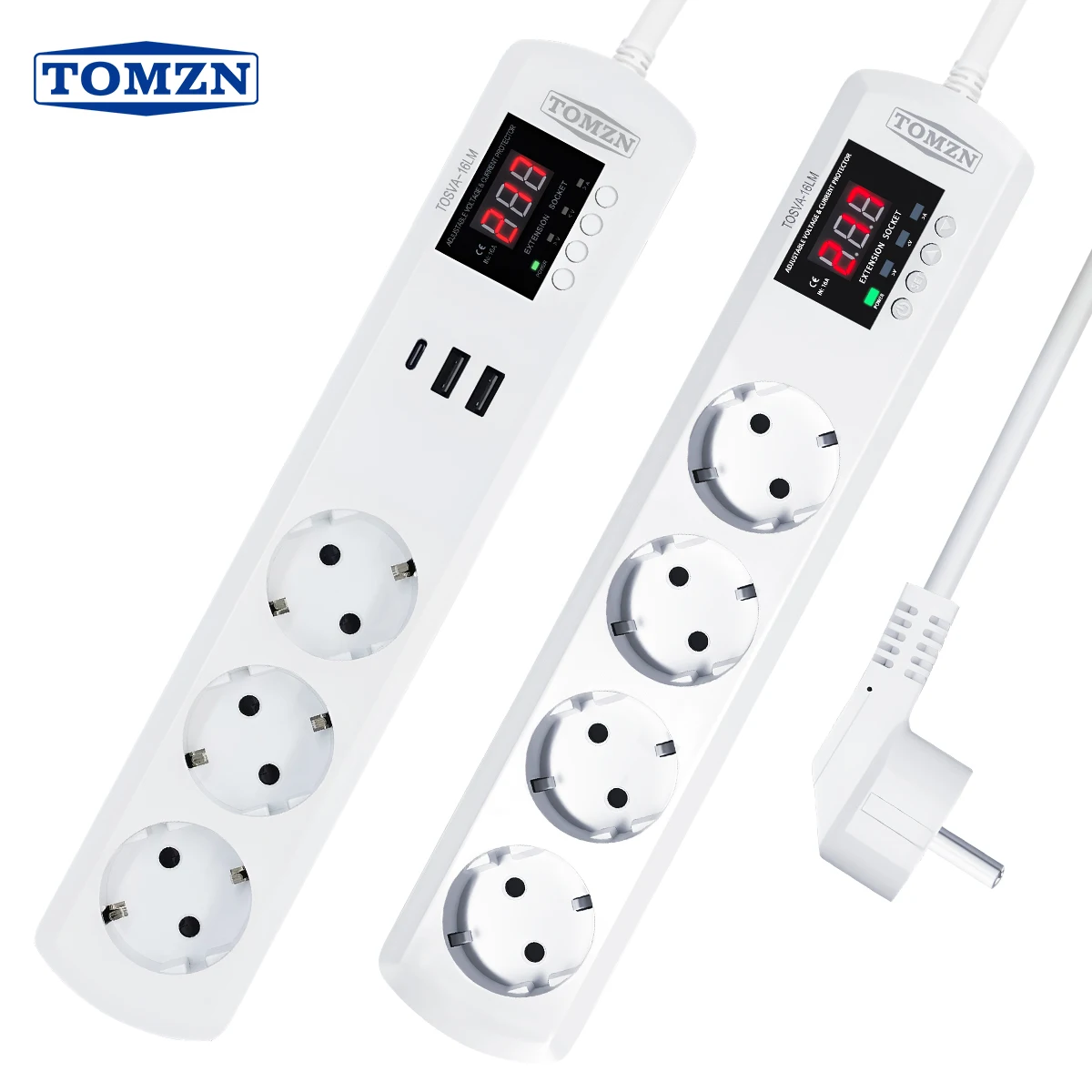 

TOMZN TOSVA-16LM EU Plug Socket 3 AC Outlets 2 USB 1 Type-C or 4 AC Outlets Auto Voltage Current Protector 220V Adjustable 16A