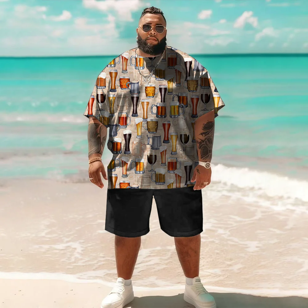 

S-9xl plus size Men's Short Sleeve Set: Beer-Inspired Vibe - 2-Piece Big & Tall Fit, Soft Breathable Fabric, Subtle Mug Prints,