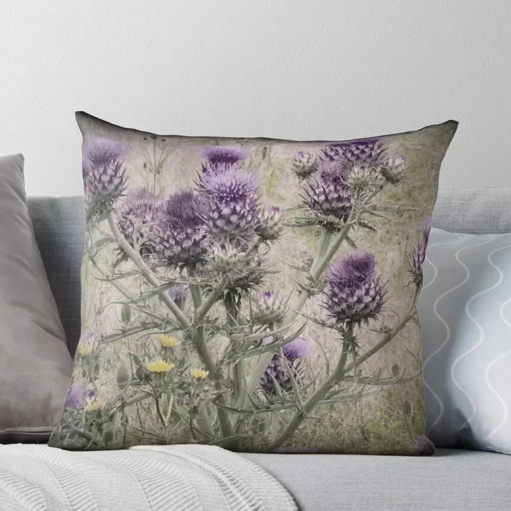 Purple Thistle Flowers with yellow daisies. Throw Pillow Pillowcase Bed pillowcases pillow