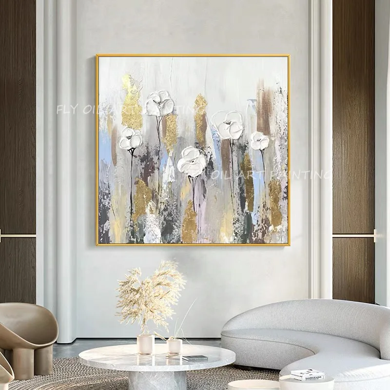 

100% hand painted gold foil grey canvas square landscape simple pure oil painting for home living room decoration gift