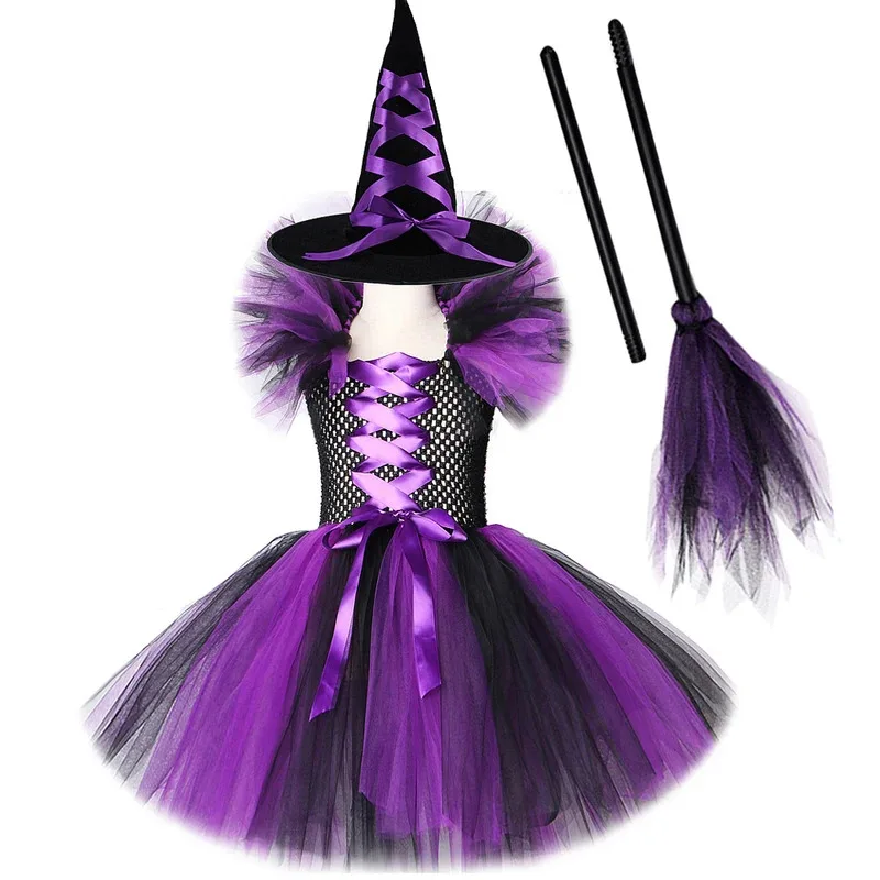 

Purple Black Witch Costume for Girls Halloween Fancy Dresses for Kids Christmas Carnival Party Outfit with Witch Hat Magic Broom