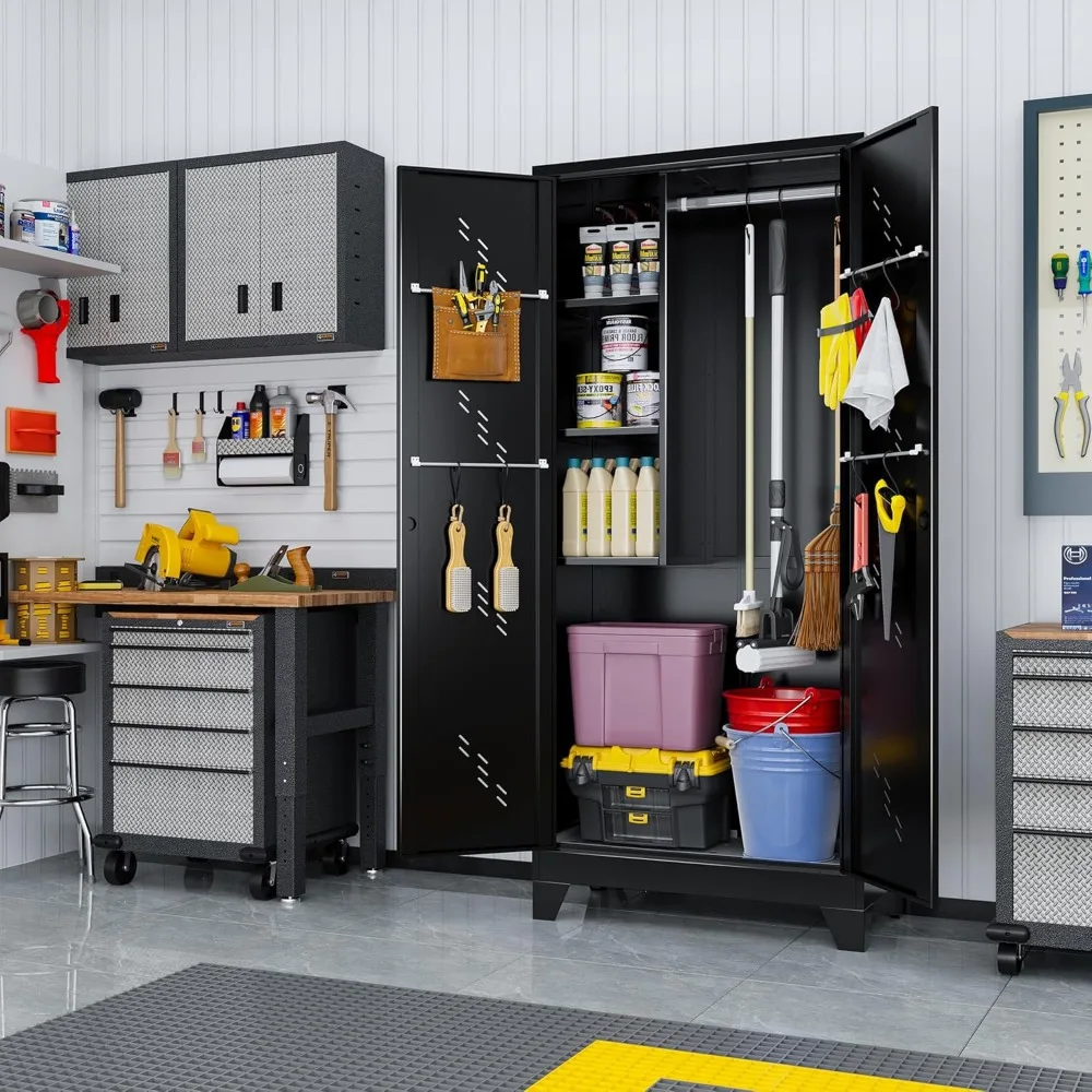 収納キャビネット、高さ75インチ x 幅33.8インチ x 奥行き16.5インチ、ロック付き扉付き大型ガレージキャビネット、広々としたスペース付きメタルキッチンパントリー