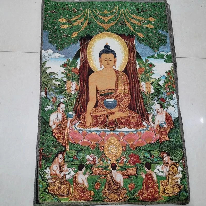 Tibet Tibetan Cloth Silk Big tree shakyamuni buddha Thangka Tangka Embroidery Painting Embroidery Hanging Pictures
