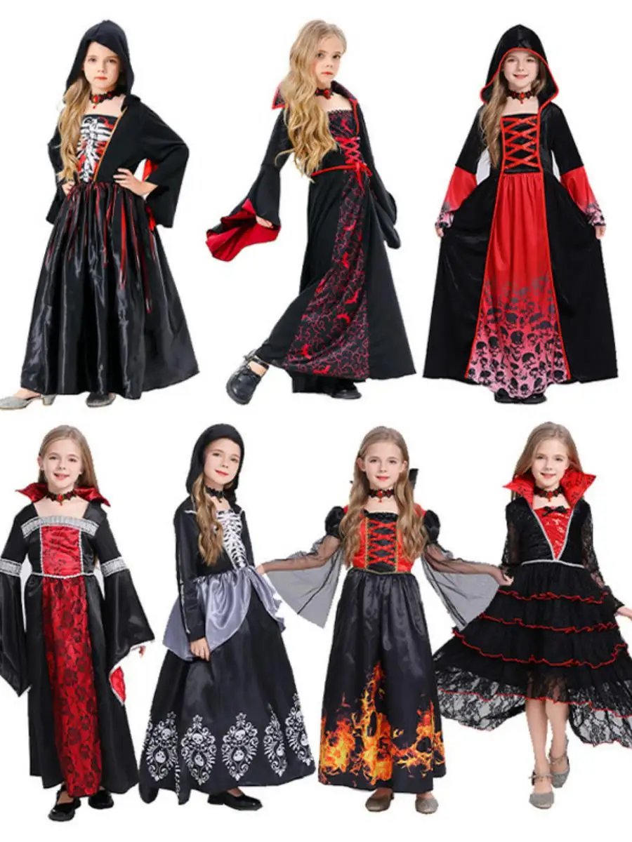 

loween Witch Costume Children's Bloodstained Terror Skeleton Role-play Outfit Stage Performance Polyester Material