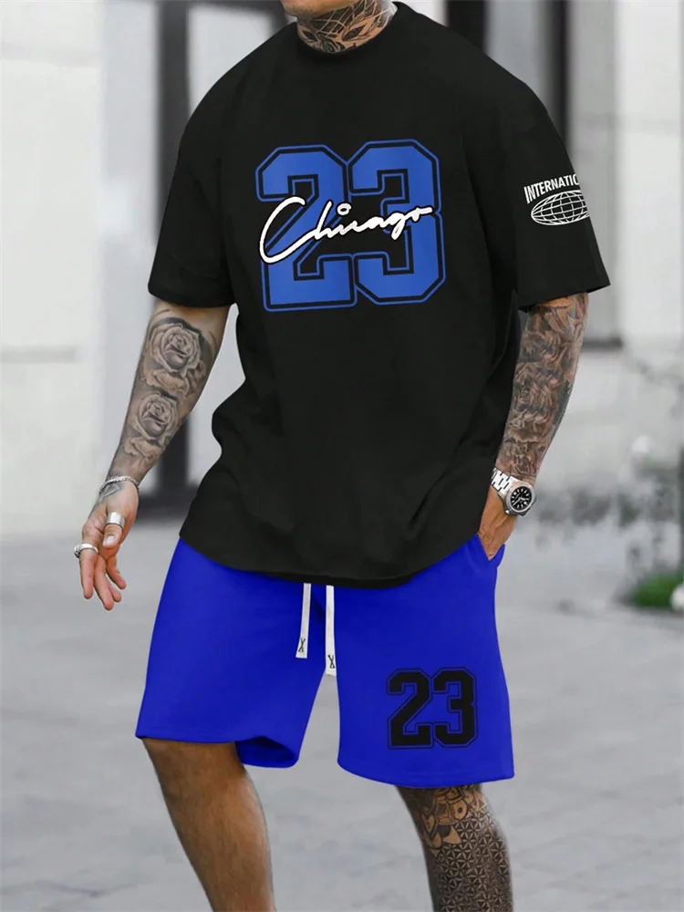 Verão masculino manga curta camiseta shorts 2 peças conjunto plus size t camisa roupas o-pescoço camisetas bolso lateral cintura elástica shorts
