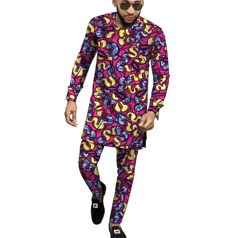 African Clothes Men's Set Long Sleeve Tops With Pant Nigerian Fashion Wax Print Male Wedding Party Wear