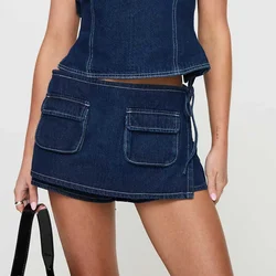 Combhasaki Women's Summer Y2K Denim Skorts Side Bow Knot Tied Low Waist Patchwork Mini Jeans Skirt with Front Pockets Streetwear