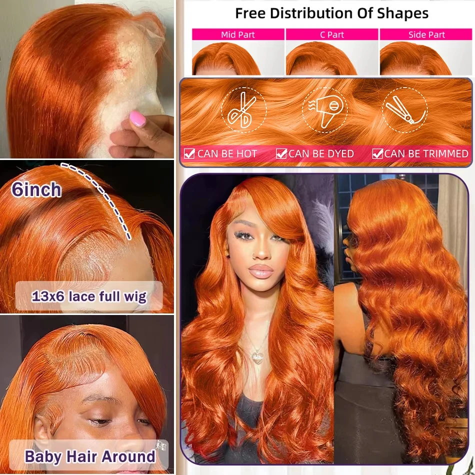 250% الزنجبيل البرتقالي 13x6 HD الدانتيل الجبهة الباروكات شعر الإنسان الجسم موجة 13x4 شعر الإنسان الدانتيل الباروكات الأمامية شعر مستعار دانتيل شفاف للنساء