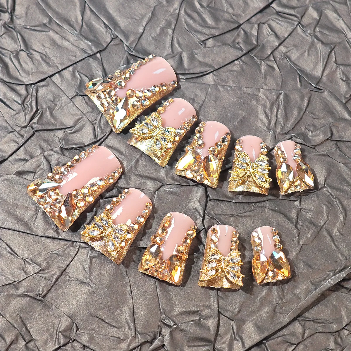 24 piece rectangular 3D butterfly dot diamond style, brown color scheme enhances your charm, nail art set, press nail