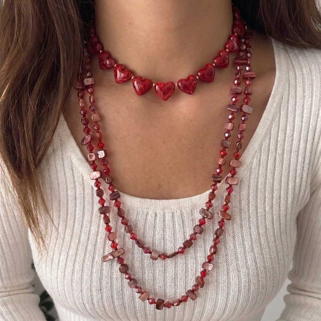 Red Irregular Retro Shell Bead Necklace Set for Women Simple Resin Heart Geometric Long Layered Clavicle Chain Jewelry Gift