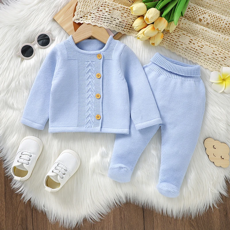 Baby Clothes Set Knit Fashion Solid Warm Infant Sweater Trousers Leggings Autumn Newborn Girl Boy Long Sleeve Pullover Pants 2PC