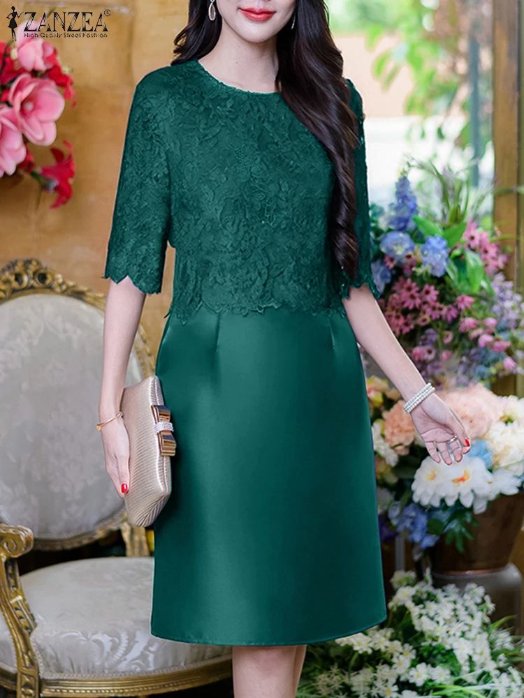 ZANZEA Abiti eleganti da donna Moda Patchwork di pizzo Raso al ginocchio Abiti Femme O-Collo Mezza manica Abiti in vita aderenti