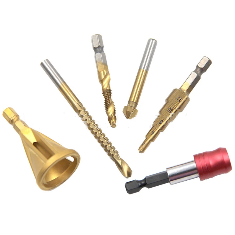 Juego de Brocas HSS recubiertas de titanio, brocas de chaflán, tornillo de rosca, madera, Metal, plástico, sierra de agujero, herramientas para carpintería, 6 piezas