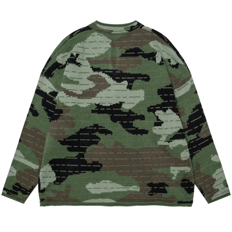 Vintage Oversize Sweater Y2K Grunge Knitted Camouflage Camo Jumper Streetwear Hip Hop Punk Gothic Baggy V-Neck Pullover Sweaters