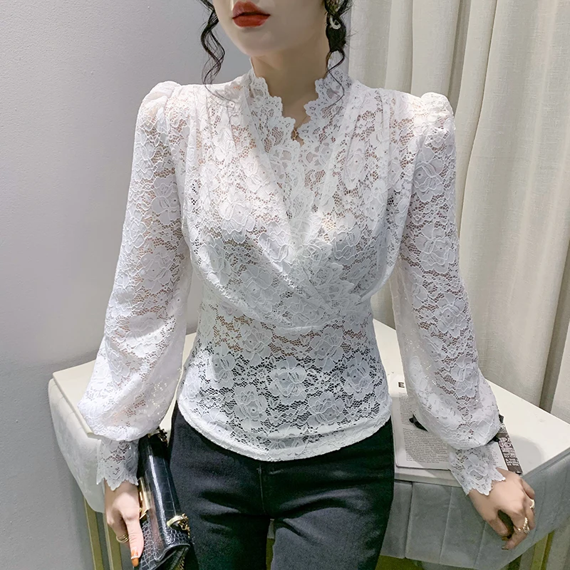 New,European,Clothes,T-Shirt,Chic,Sexy,V-Neck,Hollow out,Lace,Women,Tops,Long Sleeve,Patchwork,Bottoming Shirt,Slim,Tees,59024