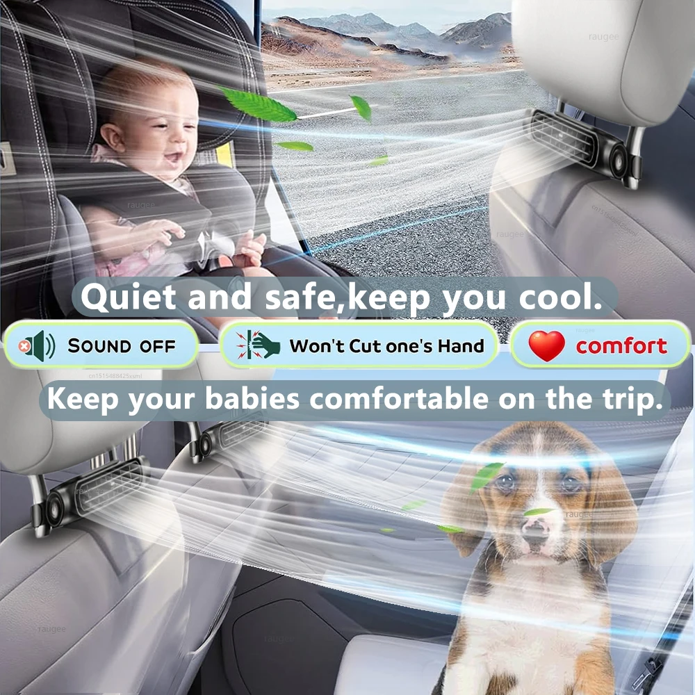 مروحة مقعد السيارة القابلة لإعادة الشحن USB بقدرة 3000 مللي أمبير في الساعة، مروحة مسند رأس لتبريد السيارة المحمولة للمقعد الخلفي مع 3 سرعات رياح قابلة للتعديل