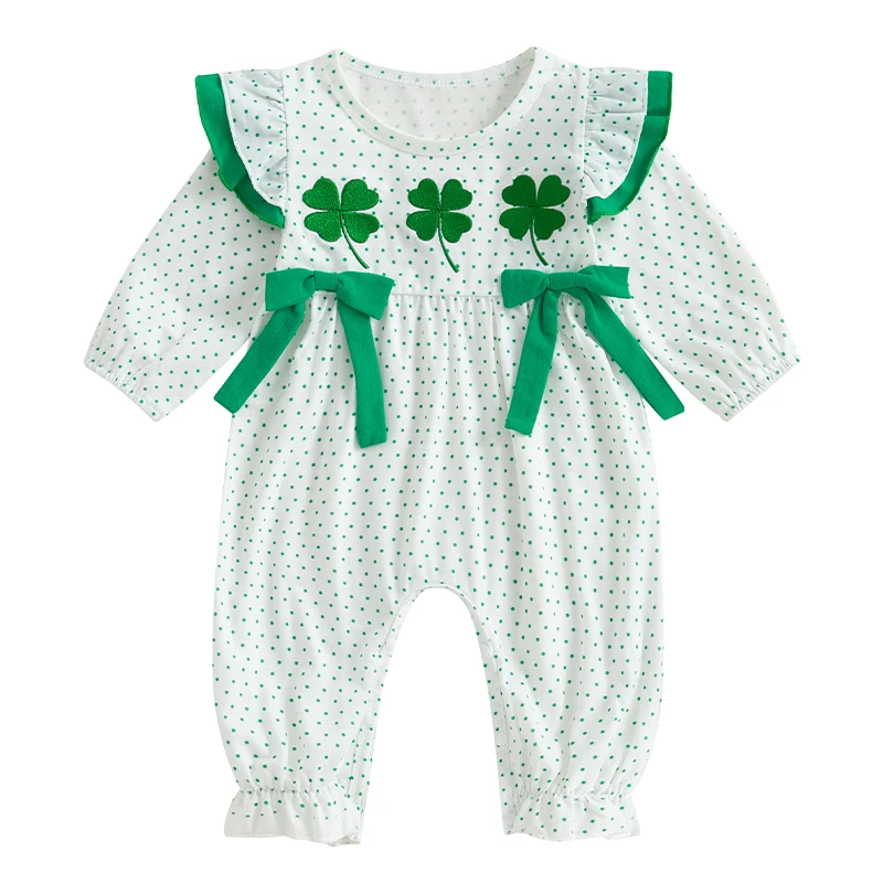 My First St Patricks Day Baby Girl Outfit Ruffle Long Sleeve Lucky Romper Four-Leaf Clover Jumpsuit Spring Clothes