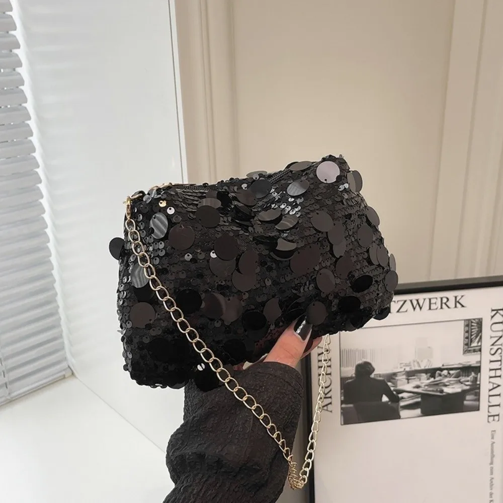 

Portable Sequin Shoulder Bag Large Capacity Lightweight Chain Crossbody Bag Solid Color Female Handbag For Evening Party