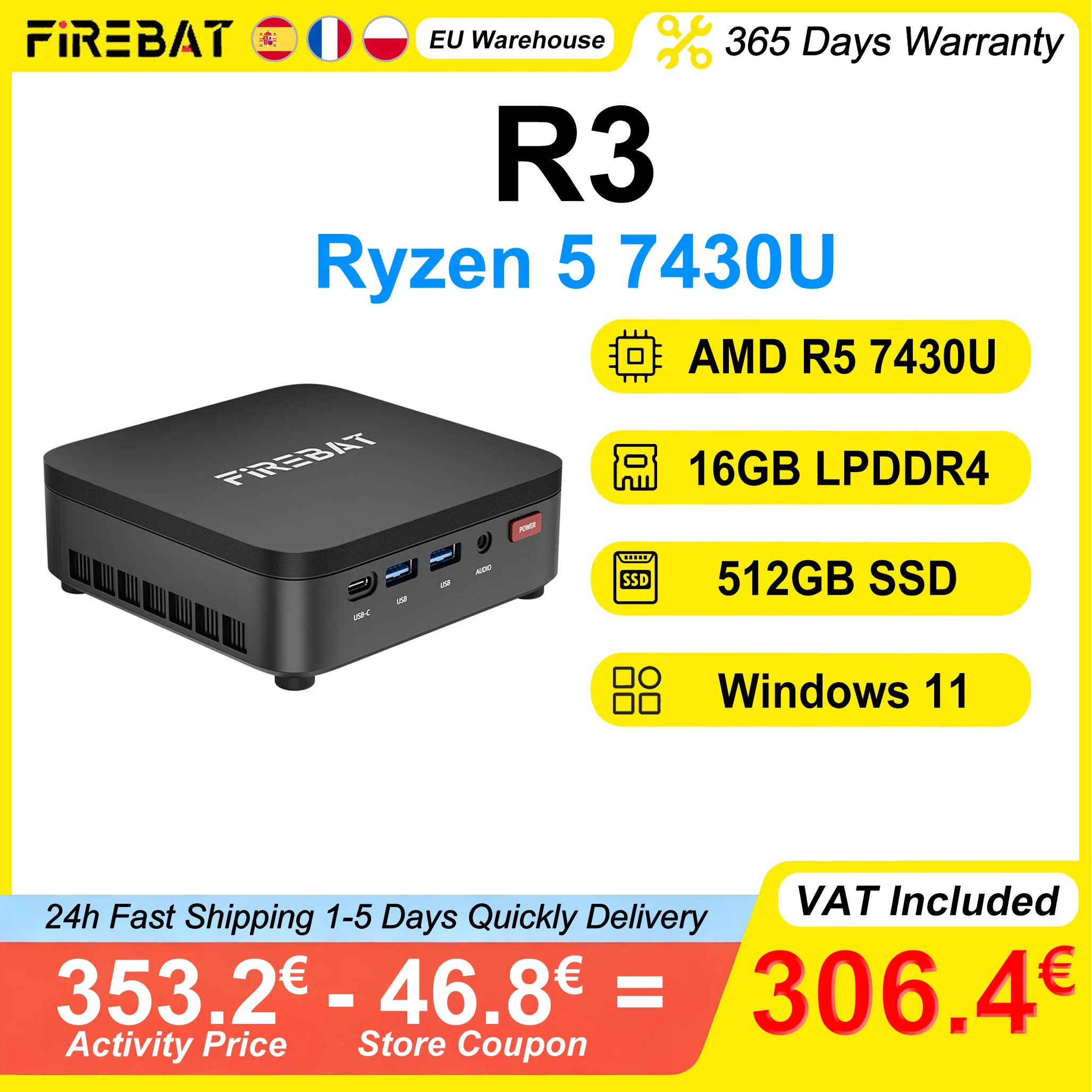 FIREBAT R3 Mini PC AMD Ryzen 5 7430U 16GB LPDDR4 RAM 512GB SSD Windows 11 Wi-Fi 6 USB 3.0 BT5.2 Gaming Desktop Mini Computer