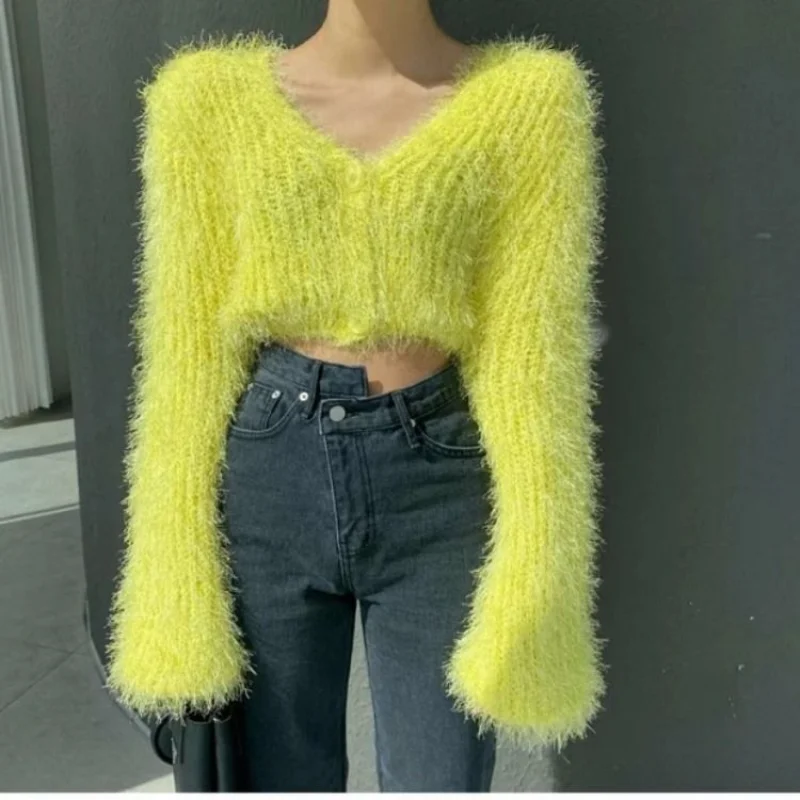 Women Yellow Mink Cashmere Knitted Cardigan V-neck Velvet Mohair Sweater Coat Long-sleeved Wild Plush Single-breasted Crop Tops