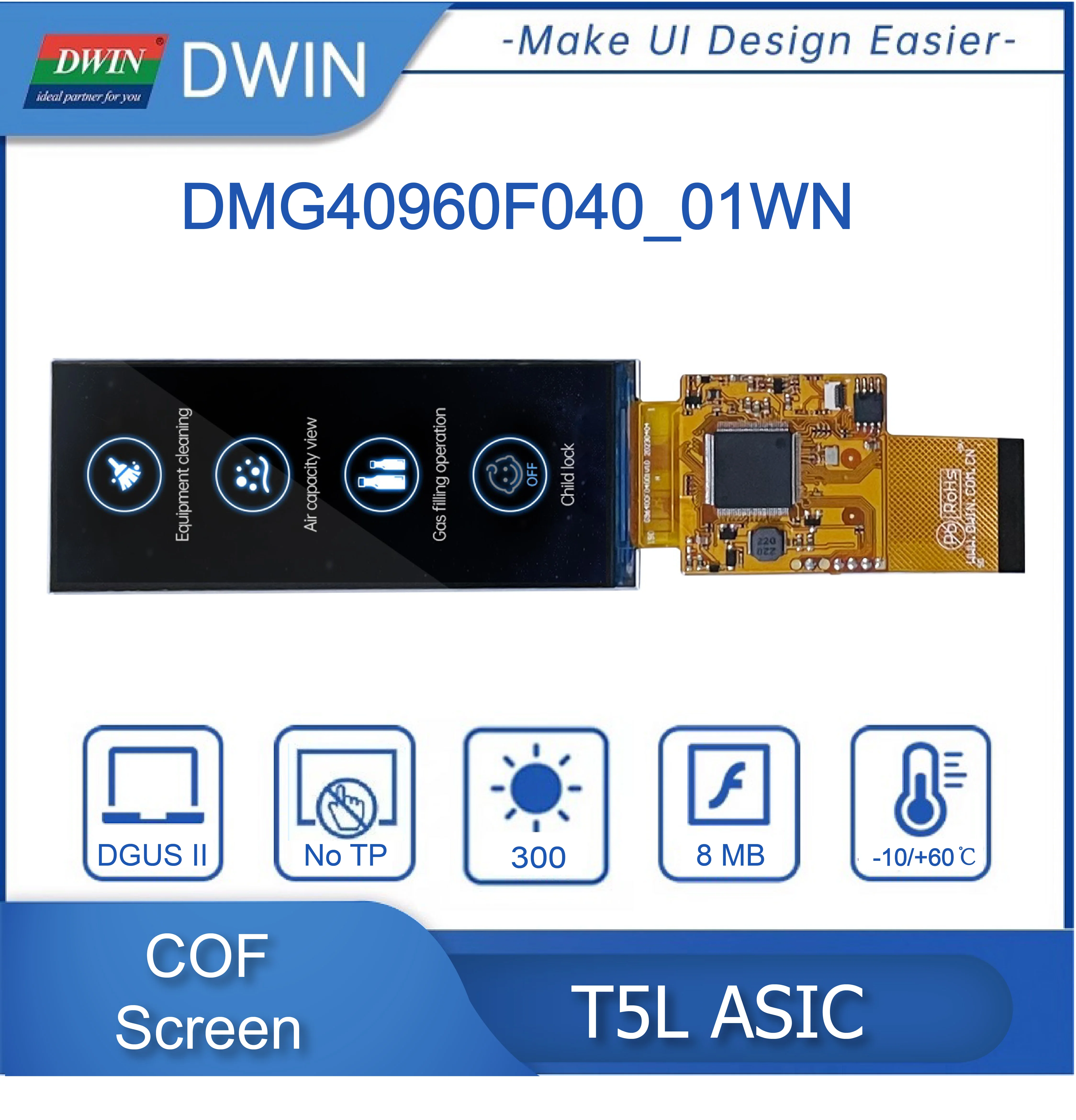 DWIN Newest 4 Inch 400*960 Ultra-thin COF Structure Touch Screen TFT LCD Display Panel Support Customization DMG40960F040_01W