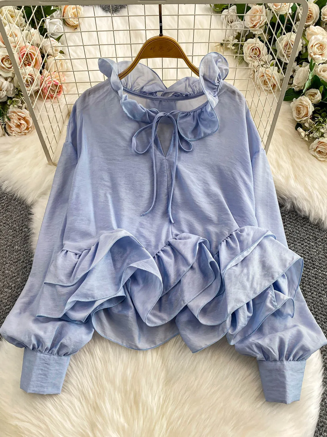 

Ele Blue с кружевной отделкой, круглый топ свободного похудения French Sle Long Sve, женский повседневный праздничный топ