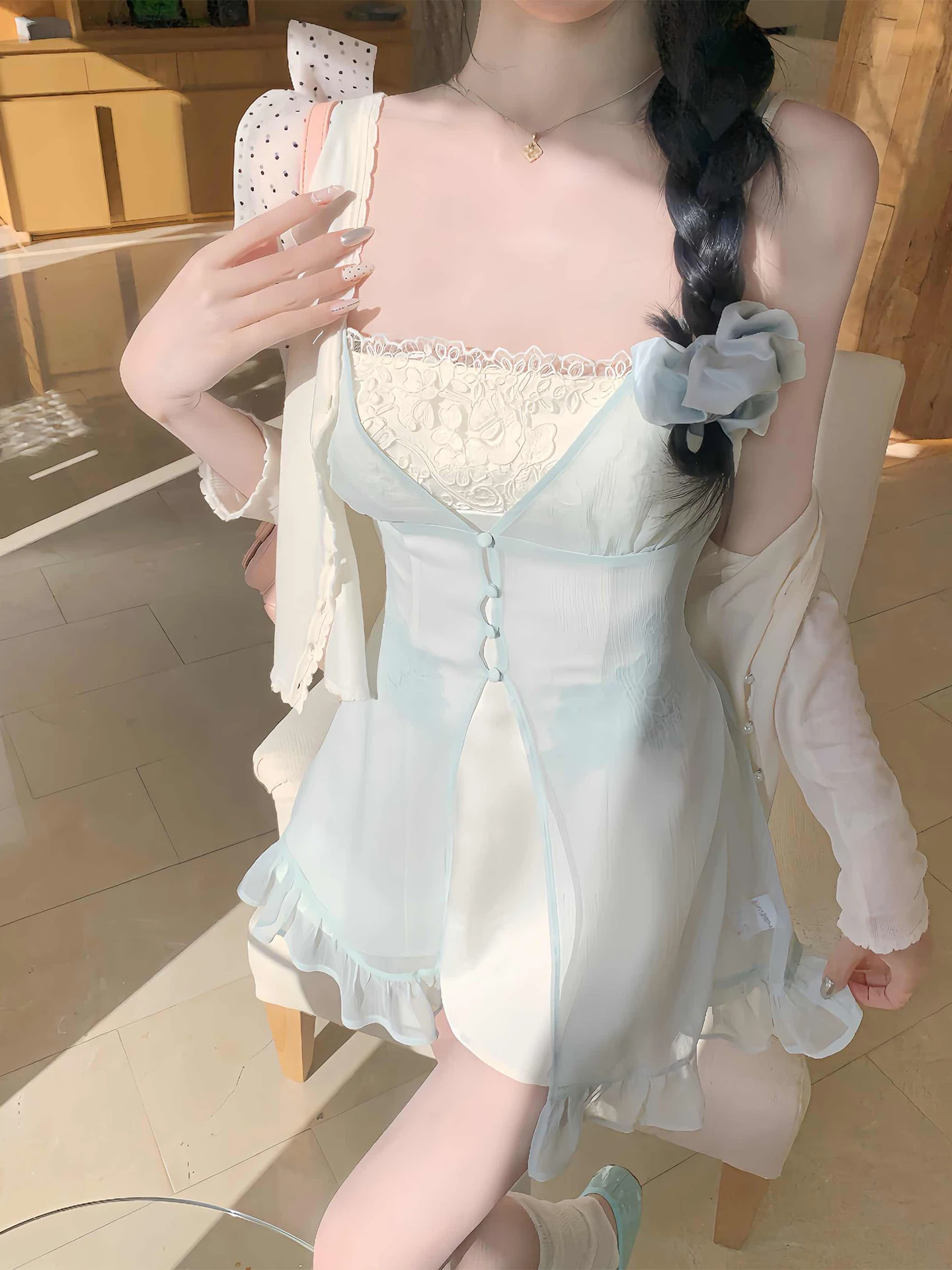 

Alice Embroidered Lace Trim Chiffon Halter Neck Short Sleeve Women's Set Breathable Spring Fashion Korean Style Casual Wear