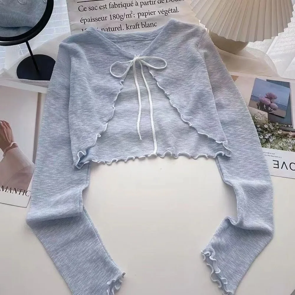 

Fashion Thin Sun Protected Cardigan Lace-up Design Knit Lantern Sleeve Coat Short Length Breathable Shawl Daily Use