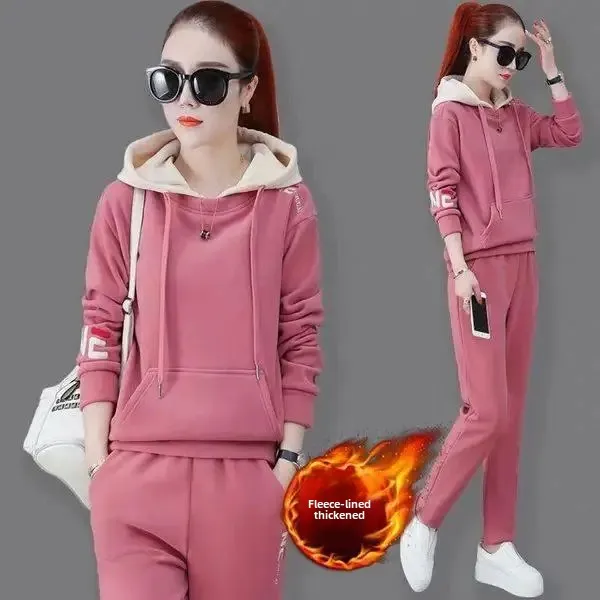 Conjunto de ropa deportiva bordada holgada de lana gruesa para mujer Otoño Invierno nuevo estilo pantalones largos prendas de vestir traje de dos piezas