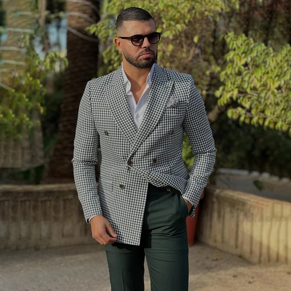 Daily Male Outfits 2 Pieces Houndstooth Jacket Solid Pants Double Breasted Peaked Lapel Skinny Blazer Formal Party Groom Blazer