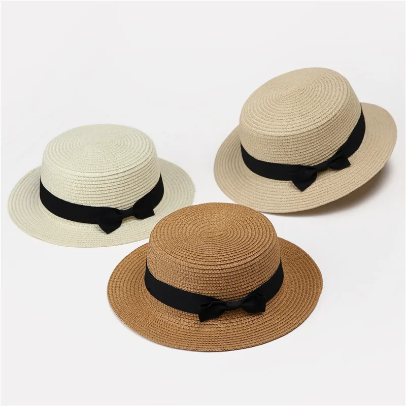 New SummerBowknot Straw Parent-Child Bucket Cap Women Sun Visor   Hat Girls Outdoor Beach Travel Sunshade Wide Cap