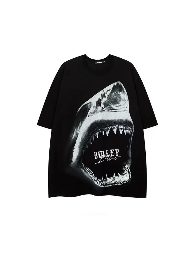 Heavy cotton original tide brand shark print t-shirt men and women European and American hip-hop fried street summer