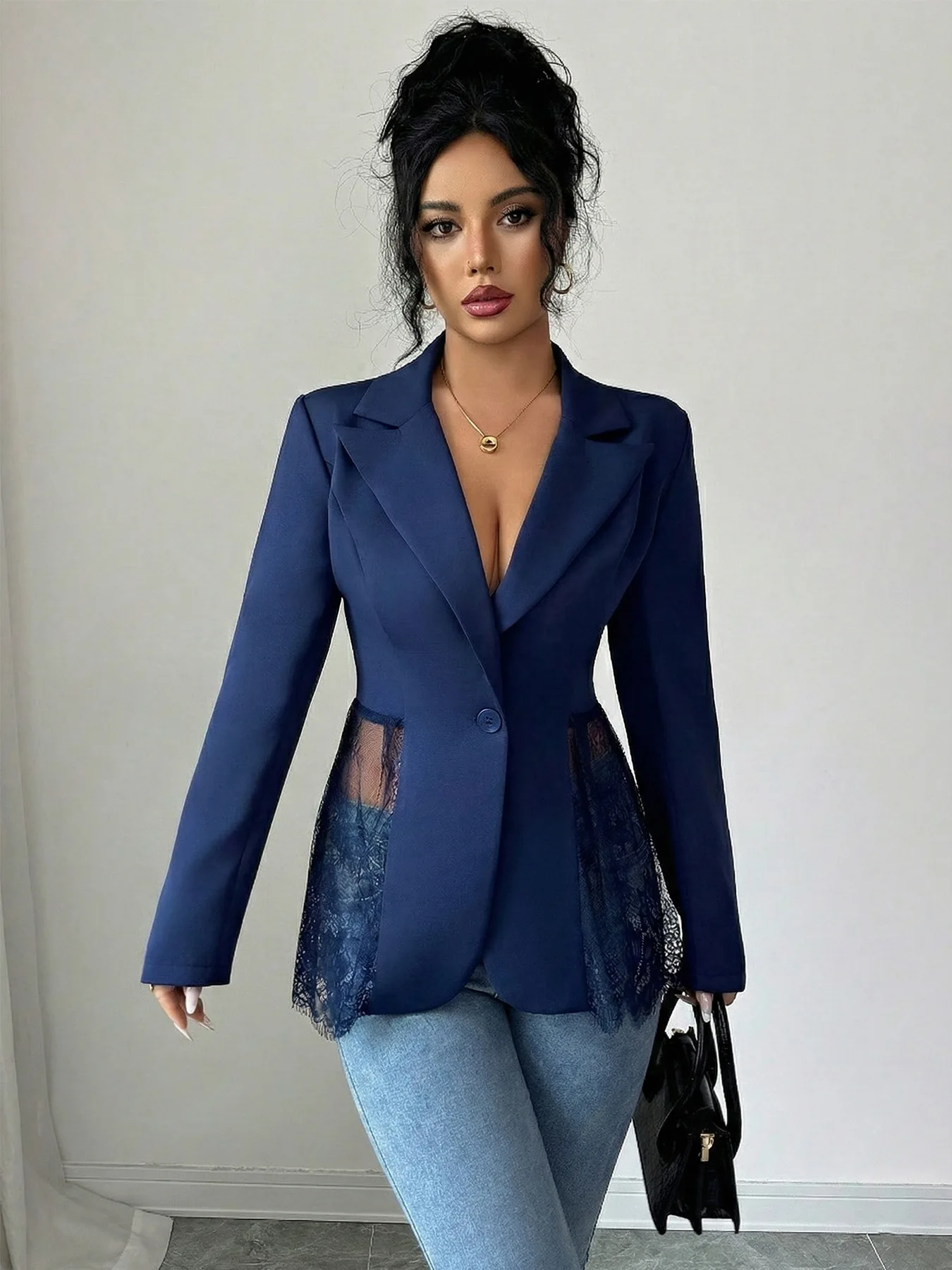 Damen-Spitzenblazer mit Kerbrevers, Ein-Knopf-Verschluss, Langarm, Schlanke Passform, Durchbrochener Patchwork-Anzug, Bürojacke für Damen – Detail 8