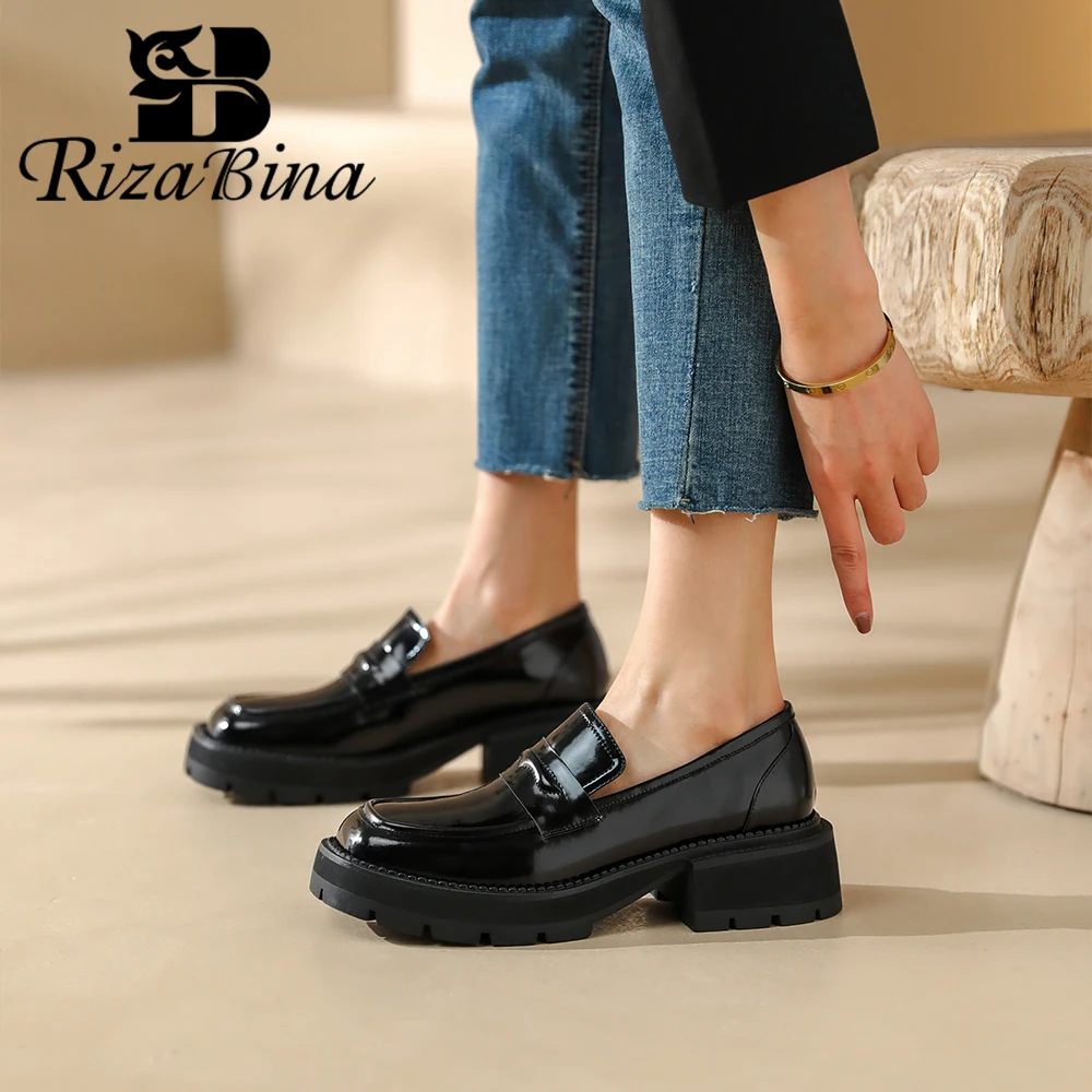 

RIZABINA Women Genuine Leather Loafers Round Toe Flats Ladies Fashion Thick Sole Slip-On JK Uniform Dress Shoes Spring Trend